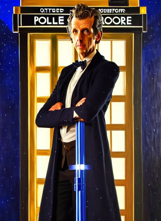 Prompt: oil painting of the twelfth doctor from doctor who with his tardis, intricate, elegant, highly detailed, lighting, painting, artstation, smooth, illustration, art by greg rutowski and alphonse mucha