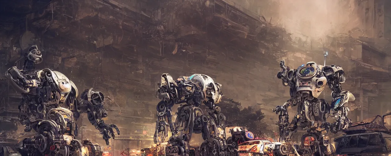 Image similar to an intricate concept art of a robot coming out of the junkyard, hyper maximalist, matte painting, ultra detail, concept art, hyper realistic, cgsociety, hyper maximalist, artstation, deviantart, style by feng zhu and dylan cole, octane render, anime style