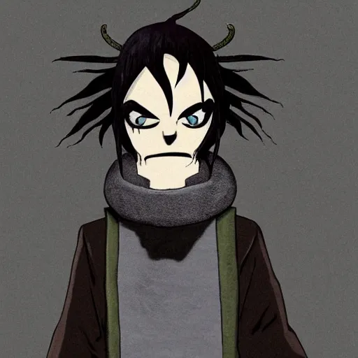 Prompt: a character with a squid for a head wearing a long vampire cloak made from dark wispy smoke created by the artist for the band Gorillaz