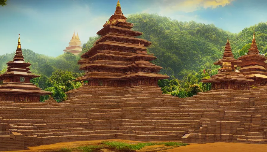 Image similar to matte painting of a beautiful mon - dvaravati village and buddhist temple and stupa made by brick, digital art, trending on artstation