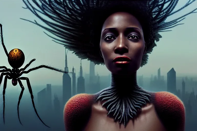 Image similar to realistic detailed photorealistic portrait movie shot of a beautiful black woman with a giant spider, dystopian city landscape background by denis villeneuve, amano, yves tanguy, alphonse mucha, ernst haeckel, david lynch, edward robert hughes, roger dean, cyber necklace, rich moody colours, cyber patterns, wide angle