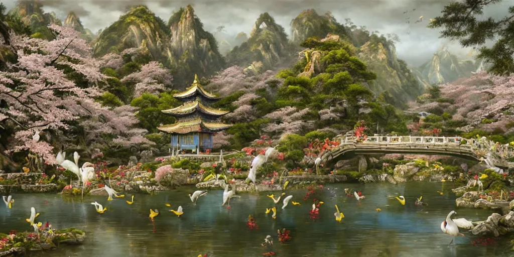 Image similar to it is a paradise with ancient chinese characteristics. it has a high degree of fantasy. cherry blossom forest, there are pavilions in the air, koi jumping in the air, and fairy birds and animals such as cranes and deer coexist with people. it is the life scene of the ancient people, a detailed matte painting by christophe vacher and albert bierstadt