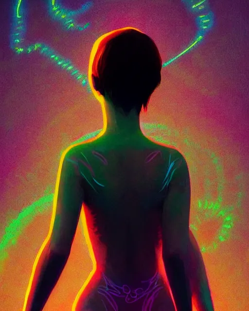 Image similar to lsd, glowing trails, full - body, a beautiful woman, dramatic lighting, by ilya kuvshinov, artgerm, wlop, lois van baarle, digital painting, ultra detailed colorful intricate repeating geometric fractals in the background by moebius, beeple, 4 k, artstation