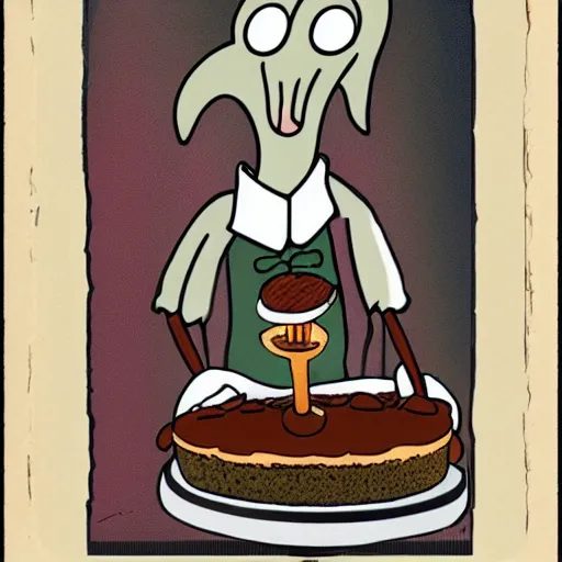 Prompt: a photograph of squidward eating cake