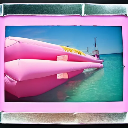 Image similar to a pastel colour high fidelity wide angle Polaroid art photo from a holiday album at a seaside of a large pink ship with abstract inflatable parachute furniture, all objects made of transparent iridescent Perspex and metallic silver, a grid of sun beds iridescence, nostalgic