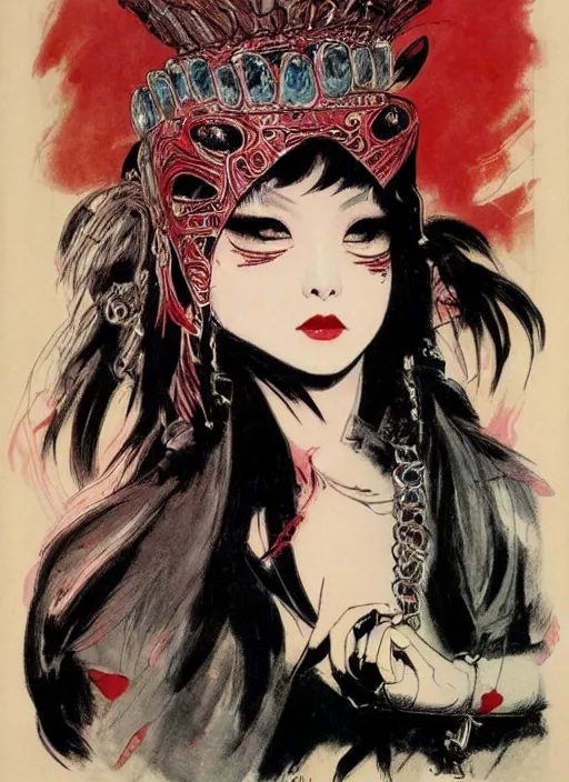 Image similar to mighty female korean vampiress, jeweled headdress, heavy mascara, strong line, saturated color, beautiful! coherent! by frank frazetta, high contrast, minimalism