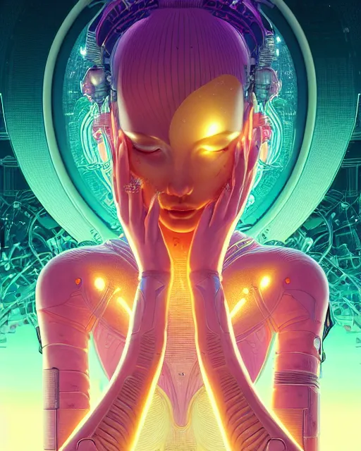 Prompt: ultra detailed, beautiful female android in tears, goddess, crying. scifi, fantasy, asymmetrical, 8 k, intricate detailed environment, global illumination, vector art, concept art, digital illustration. by moebius abnd james jean and artgerm and wlop and liam brazier and victo ngai and tristan eaton.