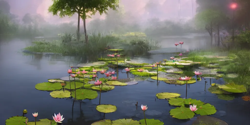 Image similar to dreamy pond full of lotus flowers, concept art, render by octane and blender, hyper realistic, cinematic lighting, unreal engin 5, by krenz cushart, 8 k, vray render, artstation, deviantart