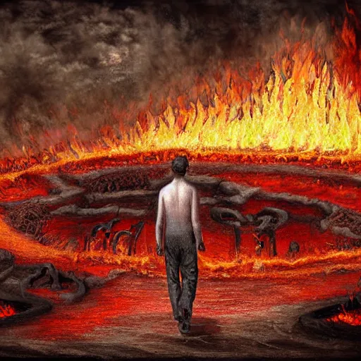 Image similar to a man walking towards the gates of hell, lost souls in anguish and despair all around, flaming pits of hell, highly detailed digital painting