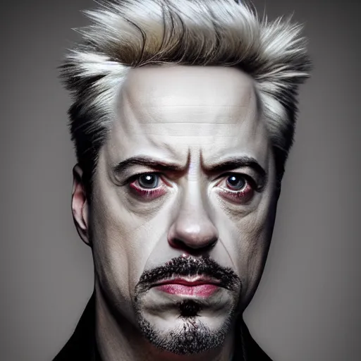 Image similar to realistic expired kodak film portrait of albino robert downey junior mix, hyperrealism, photorealistic, detailed, atmospheric, 8 k, award winning photography, cinematic