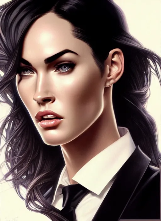 Prompt: portrait of megan fox as business woman, black suit, white shirt, necktie, city, intricate, headshot, highly detailed, digital painting, artstation, concept art, sharp focus, cinematic lighting, illustration, art by artgerm and greg rutkowski, alphonse mucha, cgsociety