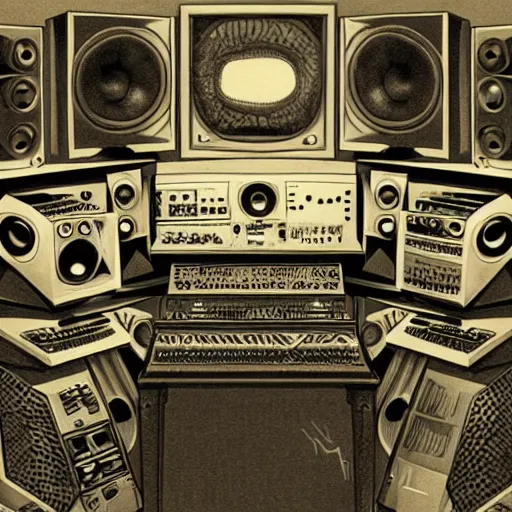 Prompt: intricate illustration of a music studio full of vintage machines and sub woofers, Giger style, jodorowsky