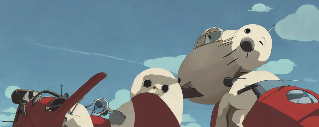 Image similar to baby harp seal dressed as a 1 9 3 0 s pilot flying a japanese zero, 1 9 3 0 s, atey ghailan, goro fujita, studio ghibli, rim light, intense daytime lighting, clear focus, very coherent