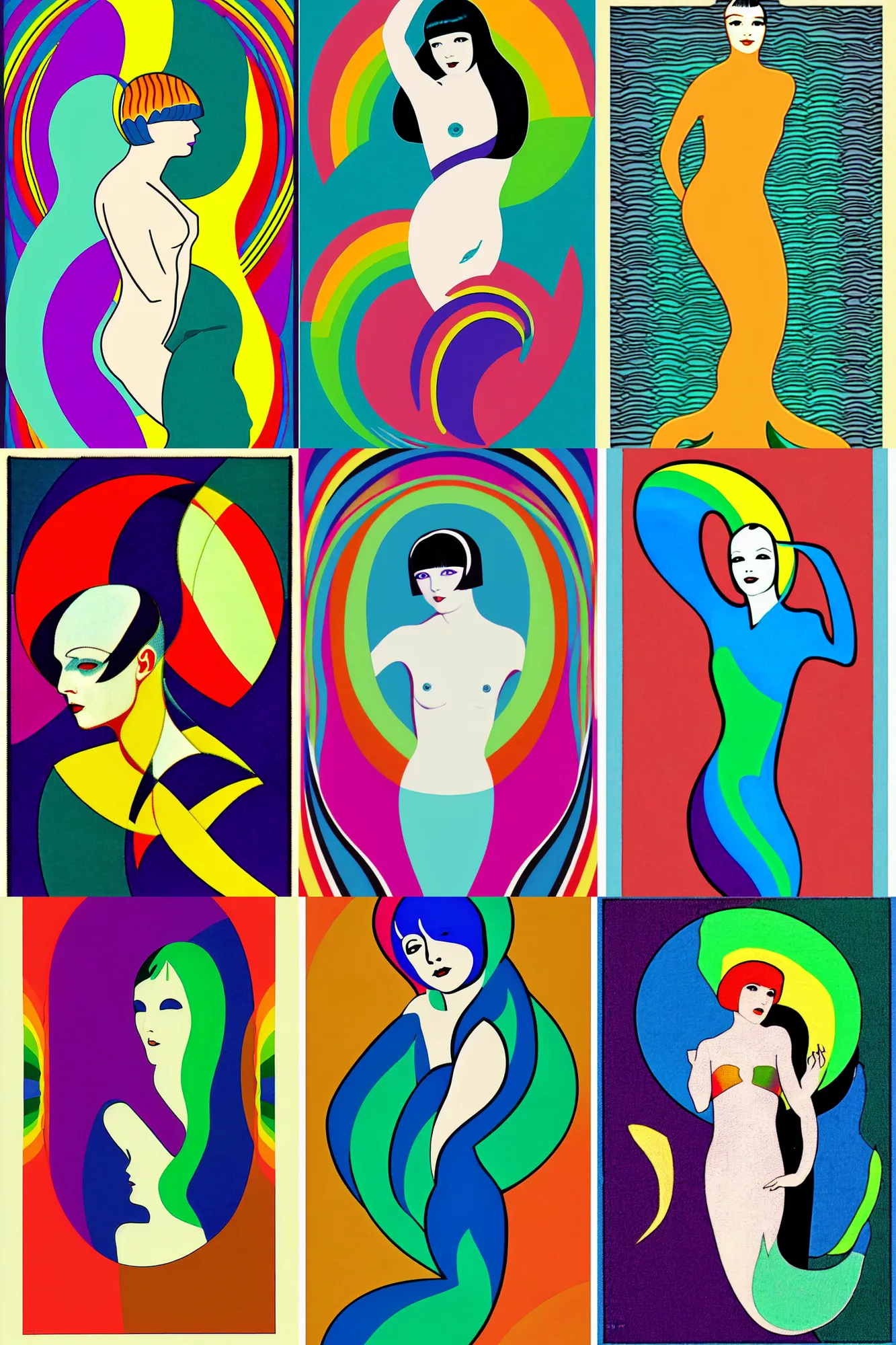 Prompt: vector patch logo of mary louise brooks as a mermaid, ross tan, op art, rainbow, 1 9 2 0 s, art deco