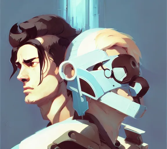 Image similar to portrait jayce and viktor by atey ghailan, by greg rutkowski, by greg tocchini, by james gilleard, by joe fenton, by kaethe butcher, dynamic lighting, gradient light blue, brown, blonde cream and white color scheme, grunge aesthetic