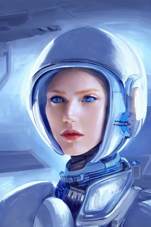 Image similar to portrait futuristic beautiful northern europe Airforce armored pilot Girl, long blonde hair, blue eyes, at inside of future fighter aircraft, ssci-fi, fantasy, intricate, very very beautiful, elegant, human anatomy, neon light, highly detailed, digital painting, artstation, concept art, soft light, smooth, sharp focus, illustration, art by tian zi and WLOP and alphonse mucha