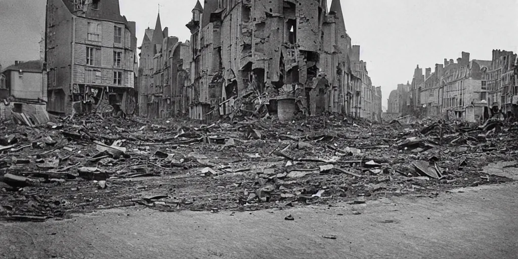 Image similar to “ a photo of the street of saint - malo destroyed after the bombing in 1 9 4 5 ”