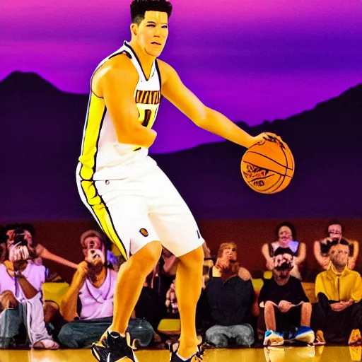 Prompt: photo of devin booker playing basketball in the desert purple and yellow sky