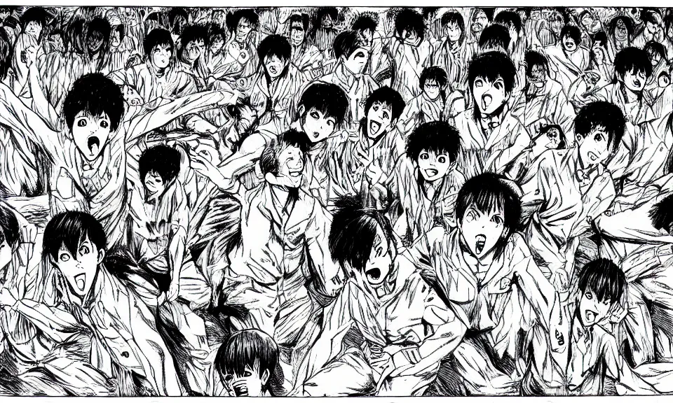 Image similar to a manga drawing of a group of people forming a cave with their bodies by Junji Ito