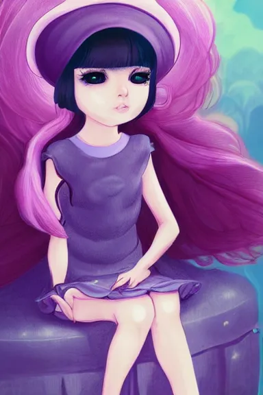 Prompt: a little girl wearing a mushroom hat in dress sitting | | purple curvy hair, pretty face, fine details, digial art by lois van baarle and sakimichan, anatomically correct, perfect composition, symmetrical, fantastic, clean details, anime character, extremely detailed