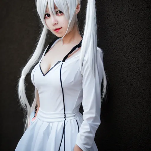 Prompt: a high definition photo of a cosplayer with twin tails, wearing white dress, symmetric and beautiful face, photo taken with Sony a7R