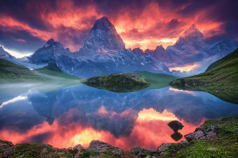 Image similar to amazing landscape photo of mountains with lake in sunset, falling bombs, by marc adamus beautiful dramatic lighting, Gediminas Pranckevicius