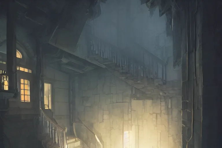 Image similar to a dark cellar staircase by Studio Ghibli, Makoto Shinkai, by Artgerm, by WLOP, by Greg Rutkowski, volumetric lighting, cyberpunk, octane render, 4K resolution, trending on artstation, masterpiece