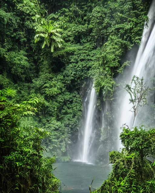 Image similar to A hidden waterfall in the jungle, Ruins are visible, smokey scene, 8k, professional photography,