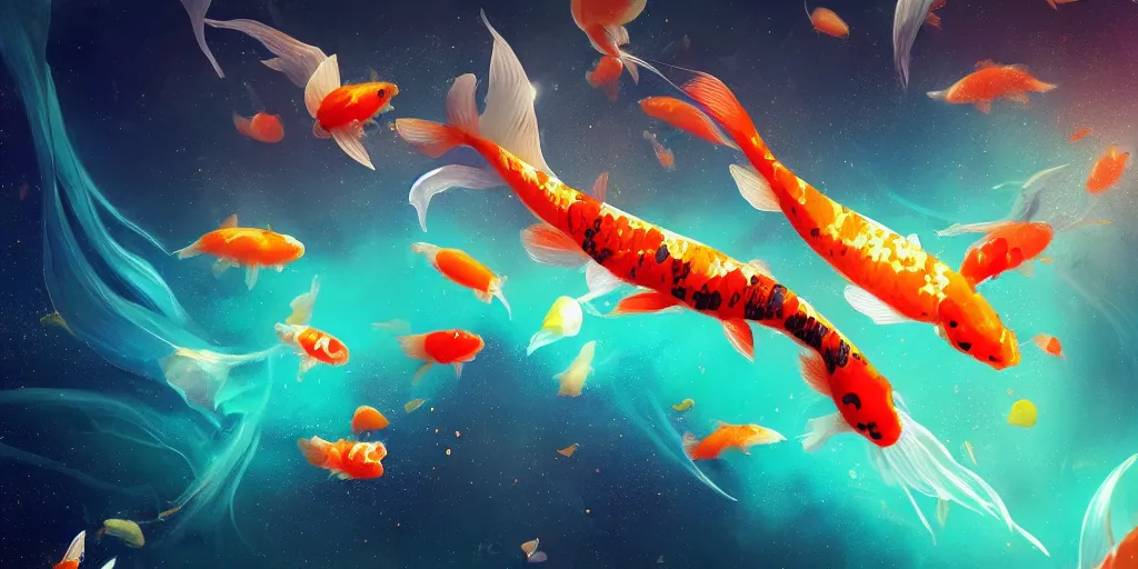 Image similar to koi fish floating in space, turquoise and emerald background, realistic detailed digital art by maxwell boas, jessica rossier, christian dimitrov, anton fadeev, trending on artstation, cgsociety, rendered in unreal engine, shadow of the tomb rider, soft colors, 4 k, hq