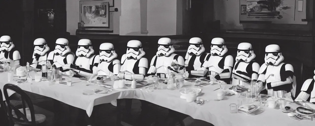 Image similar to Storm troopers out for dinner, the last supper, cinematic still frame, 80s, cinematography, anamorphic lens, kodak color film stock