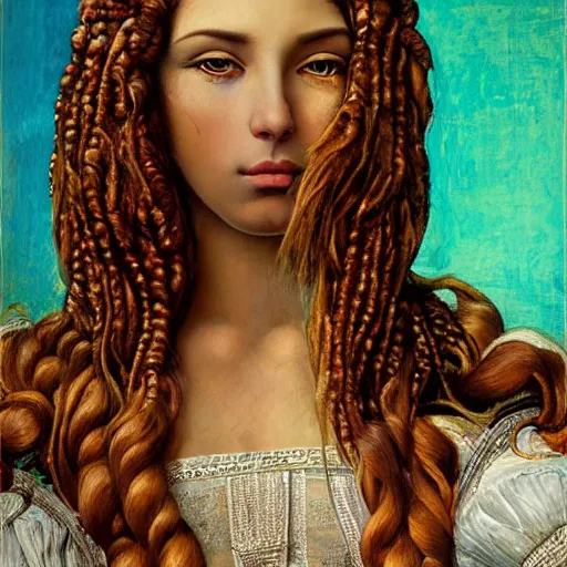 Prompt: artstation, intricate details, portrait by sandro botticelli, gaston bussiere, h. r. giger, inanna ashteroth, egyptian facial features, brown caramel skin, thick beautiful eyebrows, techno mystic, intergalactica, hazel green eyes, with bright neon aqua rapunzel dreadlocks, full body portrait, haute couture, alchemy, futurisma