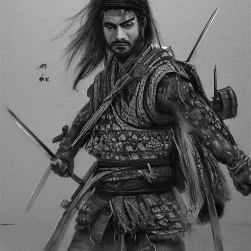 Prompt: Kurdish samurai, extremely detailed charcoal sketch, realistic, incredibly detailed, award winning art, cinematic, extremely high detail, concept art, 4k fantasy art, trending on artstation, full body shot