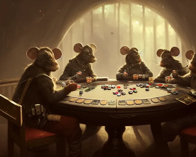 Prompt: 5 5 mm portrait photo of mouse soldiers playing poker. magical atmosphere. art by greg rutkowski. highly detailed 8 k. intricate. lifelike. soft light. nikon d 8 5 0.