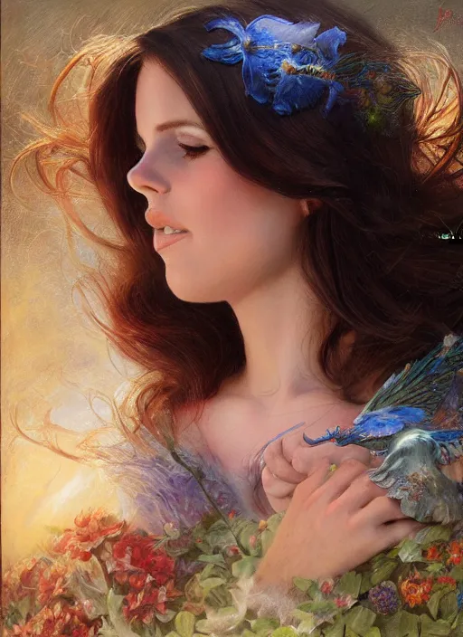 Image similar to Lana Del Rey glancing, Lilia Alvarado, Sophie Anderson, Mark Arian, Bob Byerley, Charlie Bowater, Mark Brooks, Steve Henderson, Justin Gerard, Arthur Hughes, Edward Robert Hughes, Mark Keathley, Victor Nizovtsev, Carlos Shwabe, Ross Tran, WLOP