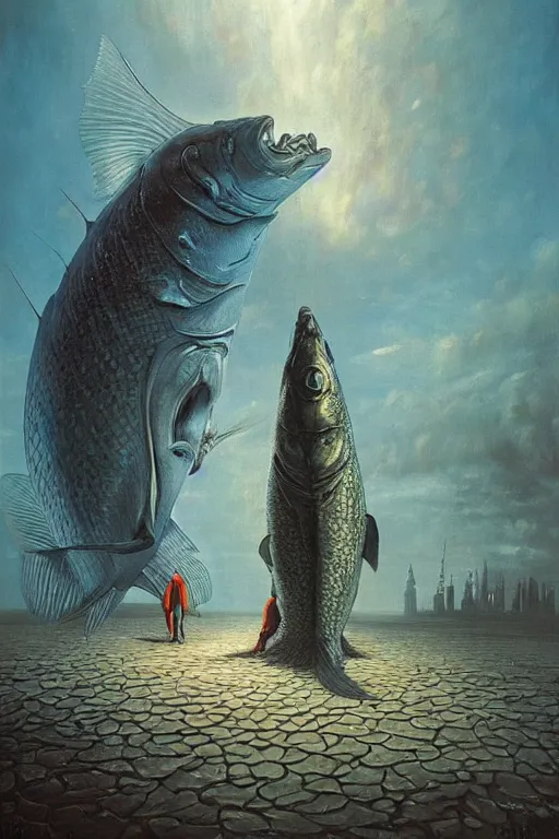 Prompt: a painting of two fish people standing next to each other, a surrealist painting by jarosław jasnikowski, cgsociety, retrofuturism, lovecraftian, cosmic horror, dystopian art