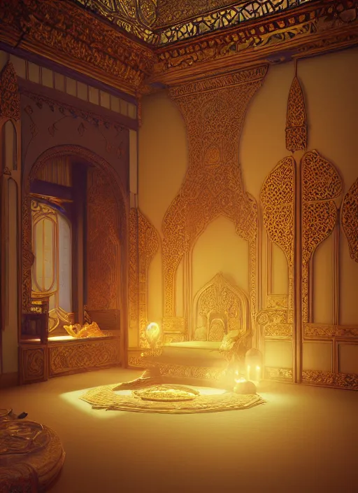 Image similar to beautiful interior of an ornate, intricate art nouveau arabian nights bedchamber, orientalism style, delphin enjolras, goro fujita, makoto shinkai, volumetric lighting, exquisite lighting, octane render, trending on artstation
