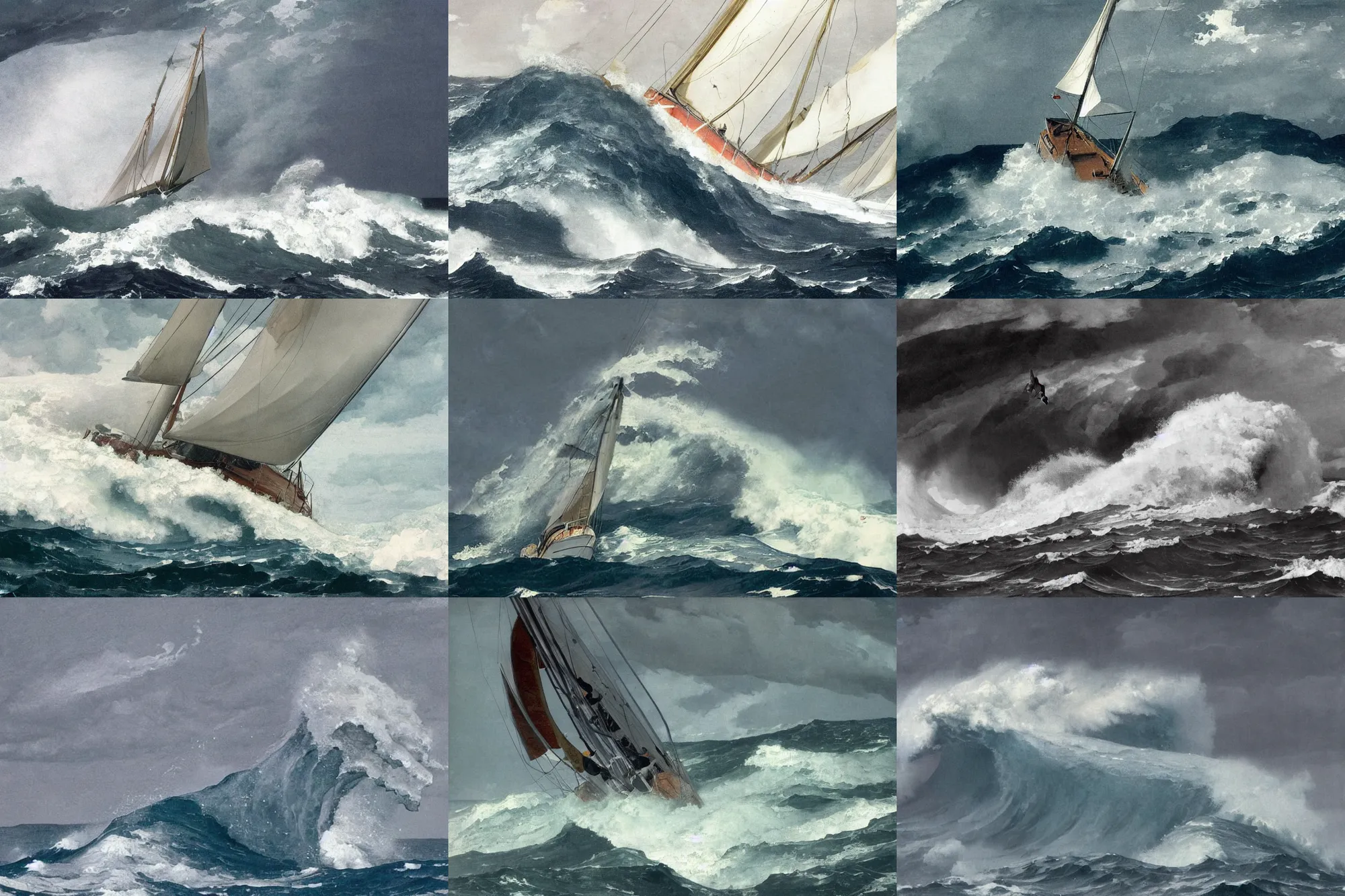 Prompt: top down photo at 45 degrees, of a sailing yacht in a severe storm, high seals and huge waves portraying helplessness by Winslow Homer