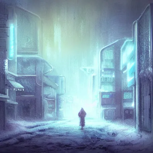 Image similar to mystic winter landscape, cyberpunk atmosphere, pastel colors