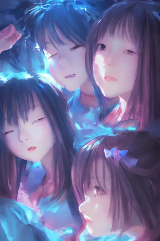 Prompt: 3d infrared octane render concept art by Mo Xiang Tong Xiu, by Igarashi Daisuke, by makoto shinkai, cute beauty cozy portrait anime schoolgirls under dark pink and blue tones, mirror room. light rays. water bellow. pretty realistic face. sadeyes. dramatic light, trending on artstation, oil painting brush