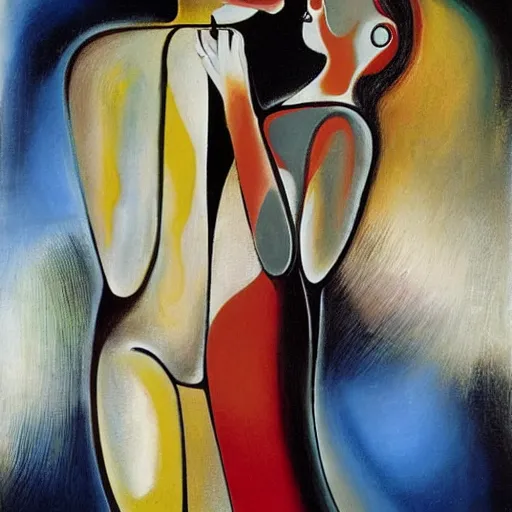 Image similar to Oil painting by Roberto Matta. Two mechanical gods kissing. Oil painting by Marlene Dumas. Dali.