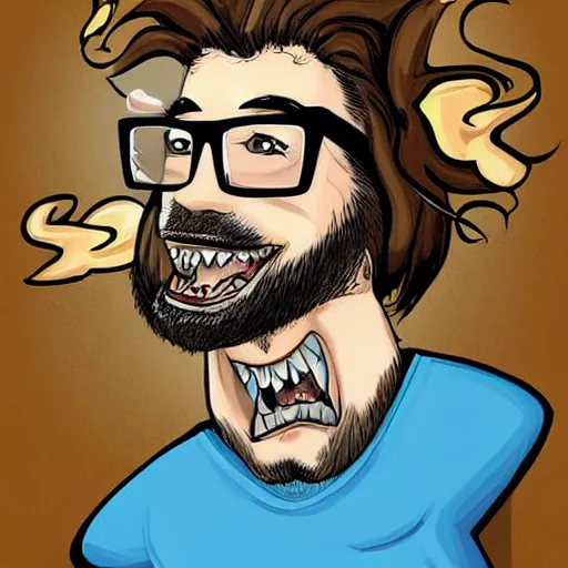 Prompt: a photo of a guy with shark mouth opened like a lion and very long brownish! hair!, with nerdy! glasses! and goatee, art by artgerma and tim shumate