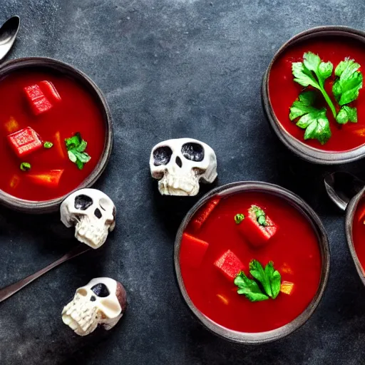 Prompt: borscht served with small skulls, award winning food photo, 4 k, high quality