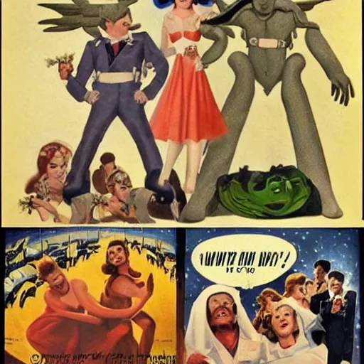 Prompt: i wouldn't marry you if you were the last man on earth!, apocalypse wedding, crying sad unhappy bride, laughing groom, doomsday by gil elvgren and margaret brundage and chesley bonestell