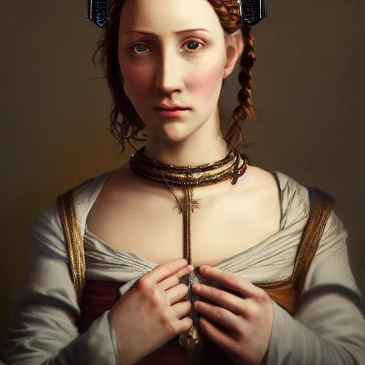 Image similar to portrait of a woman, renaissance style, star wars character, volumetric lights, symmetry, headpiece, trending on artstation, sharp focus, leica, studio photo, intricate details, highly detailed