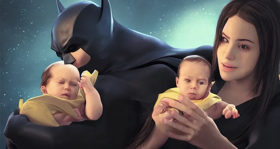 Image similar to “ a very very very very very very beautiful realistic still of a woman holding a newly born baby nicholas cage dressed as batman eating crayola crayons, by makoto shinkai, syd meade, starwars, space art concept, sci - fi, digital art, unreal engine, wlop, trending on artstation, 4 k uhd image, octane render ”