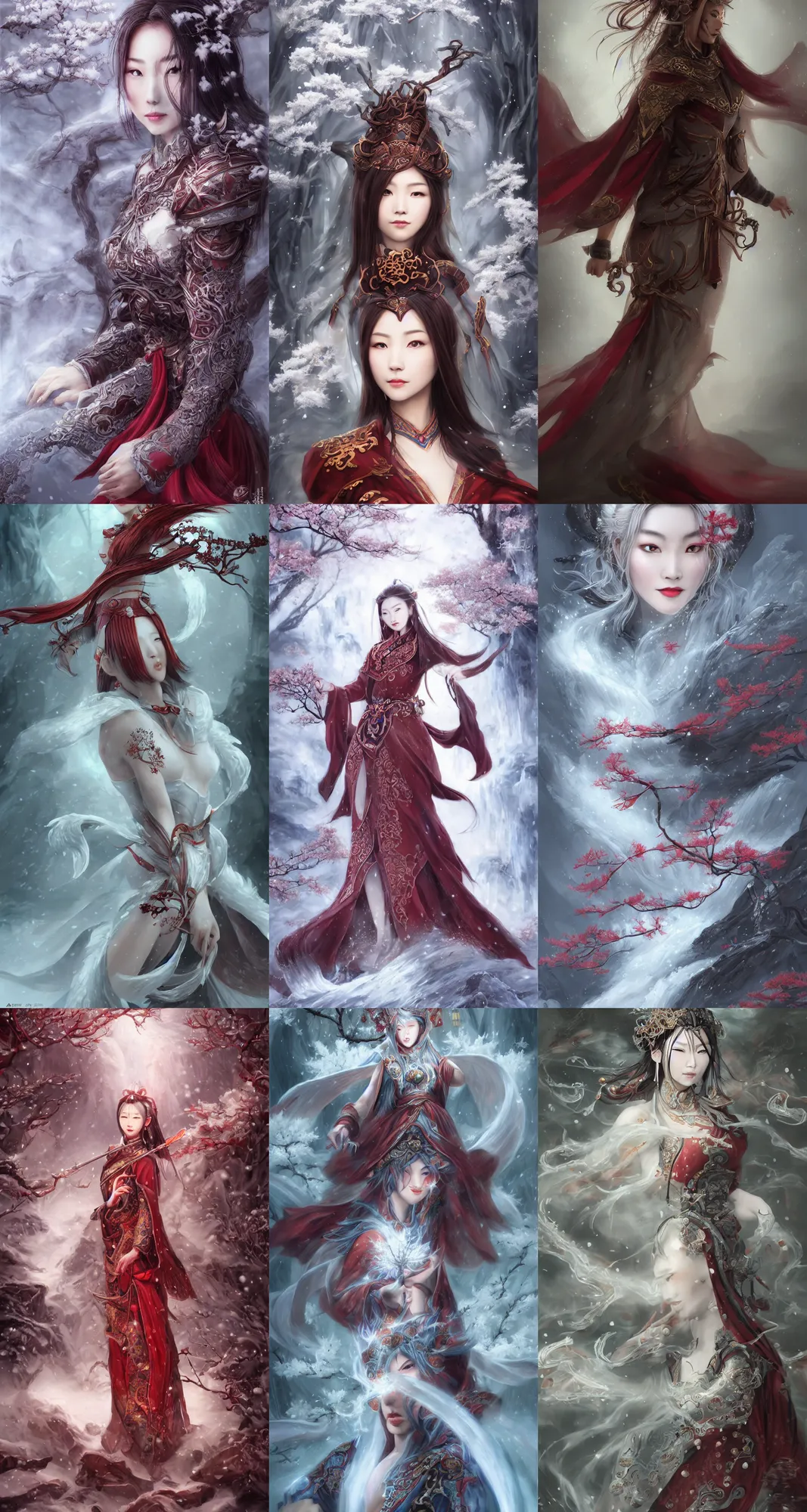 Prompt: chinese mage, by artgerm, by legend of the cryptids, by fenghua zhong, elegant, winter, snow, cherry blossom forest, waterfall, beautiful, stunning, hd, illustration, fantasy, epic, dungeons and dragons, intricate, elegant, highly detailed, digital painting, artstation, concept art, smooth, sharp focus.