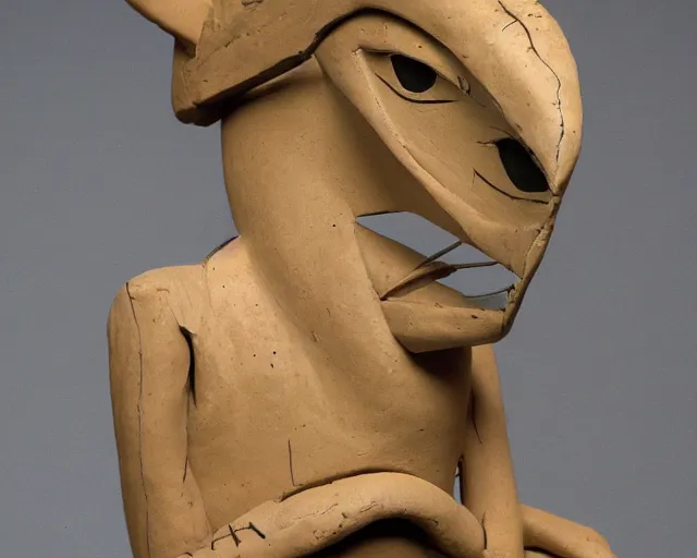 Prompt: an ancient effigy of a bird-person, clay sculpture, cubism, photograph