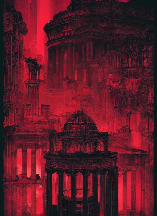 Image similar to dark design poster showing a majestic roman city, black background with very subtle red and purple design elements, powerful, nekro, vito acconci, thin straight lines, dark, glitch art, neo vaporwave, gritty, layout frame, square, trending on artstation