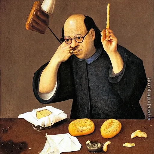 Image similar to George Costanza eating an eclair out of a trash can, by Hieronymous Bosch