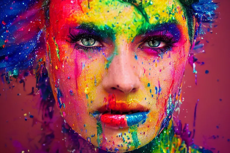 Image similar to a highly detailed cinematic headshot portrait photograph of a woman with a liquid paint headdress, with rainbow paint splash, melting smoothly into other faces, liquid, ultra realistic, beautiful rim lighting, by richard avedon and annie leibovitz and arnold newman, photorealistic, hyperrealistic, octane, high speed camera, zeiss lens, sharp focus, paint splash